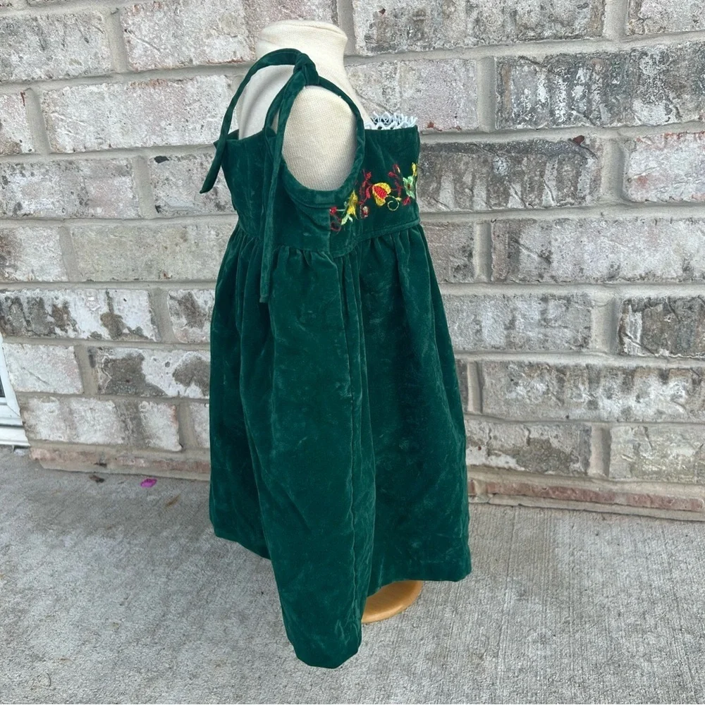 Vintage Toddler Green Velvet Dress Embroidered Floral Pinafore 2T 3T
